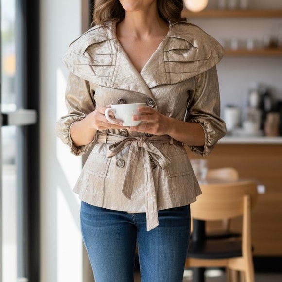 BCBGMAXAZRIA Metallic Gold Crinkle Jacket - Picture 2 of 11